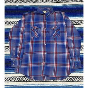 Old Navy Men's Large 3 Plaid Pearl Snap Western Shirt Blue Red